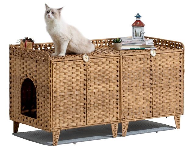 Lot 96-170056 - Cat Litter Box Enclosure for 2 Cats, Double Litter Box Furniture with Litter Mat, Large Rattan Hidde...