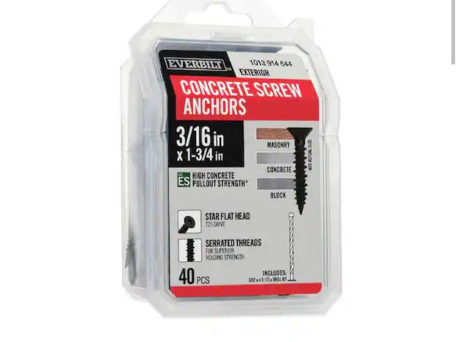Lot 96-227775 - Everbilt 3/16 in. x 1-3/4 in. Star Flat- Head Concrete Screw Anchors Black (40-Piece) New