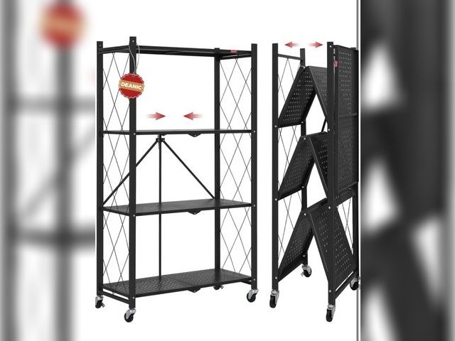 Lot 96-177216 - DEANIC 4 Tier Foldable Storage Shelves with Wheels, Large Capacity Shelving Unit, Freestanding Metal...