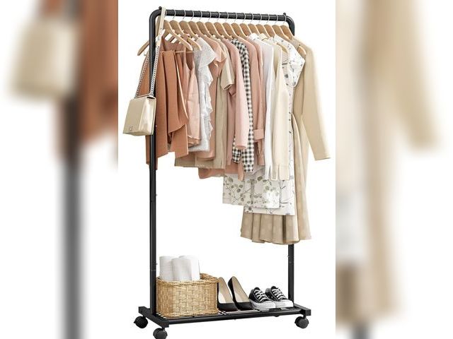 Lot 96-173719 - Clothes Rack - Clothing Rack with Storage Mesh Shelf &amp; Casters, Heavy-Duty Metal Clothing Rack f...