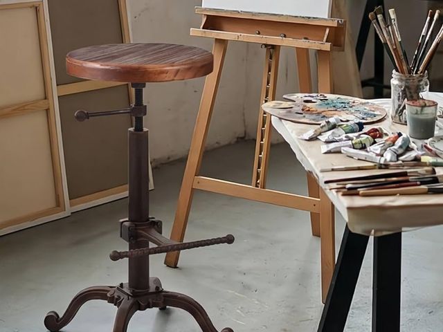 Lot 96-188902 - Topower Industrial Retro Vintage Farm Wooden Tractor Stool Kitchen Swivel Height Adjustable bar Stoo...