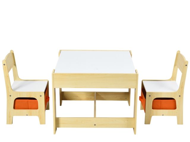 Lot 96-227007 - Kids Table Chairs Set With Storage Boxes Blackboard Drawing Natural New MSRP $129