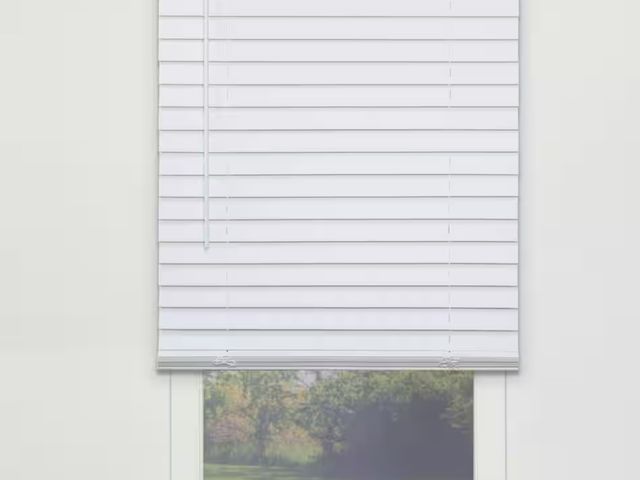 Lot 96-166758 - Perfect Lift Window Treatment
Textured White Cordless Room Darkening Faux Wood Blinds with 2 in. Sla...