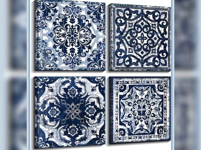 Lot 96-180686 - Bedroom Decor Canvas Wall Art Flower Pattern Prints Bathroom Abstract Pictures Modern Navy Framed Wa...