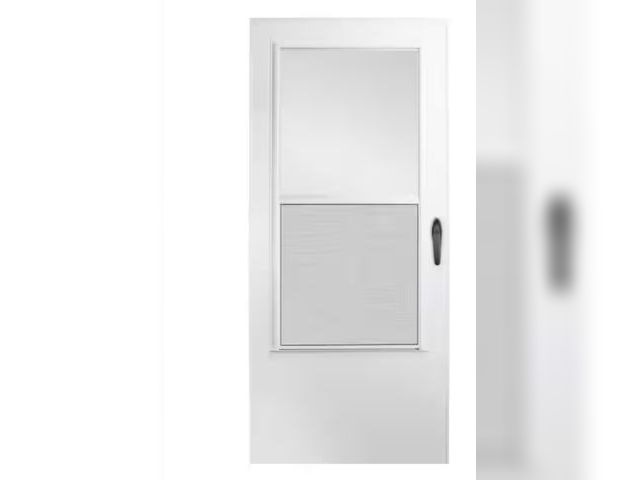Lot 96-162217 - EMCO
36 in. x 80 in. White Universal 3/4-Light Aluminum Storm Door with Black Hardware

MSRP $144

N...