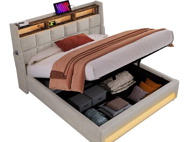 Lot 96-174241 - Queen Size Upholstered Platform Bed Frame with Hydraulic Lift Storage, USB Port &amp; LED Lights, Li...