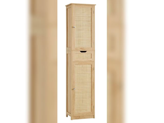 Lot 96-176696 - Iwell Tall Narrow Storage Cabinet with Doors, Rattan Cabinet with Adjustable Shelves, Freestanding L...