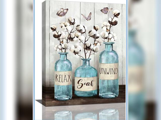 Lot 96-211780 - remzoke Bathroom Wall Art Farmhouse Decor Rustic Pictures for Wall Cotton Blue Jar Canvas Prints Rel...