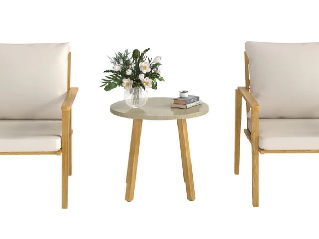 Lot 96-160163 - Outsunny 3 Piece Outdoor Bistro Set, Wood Effect Metal Patio Set with Wide and Deep Chairs, Round Ta...