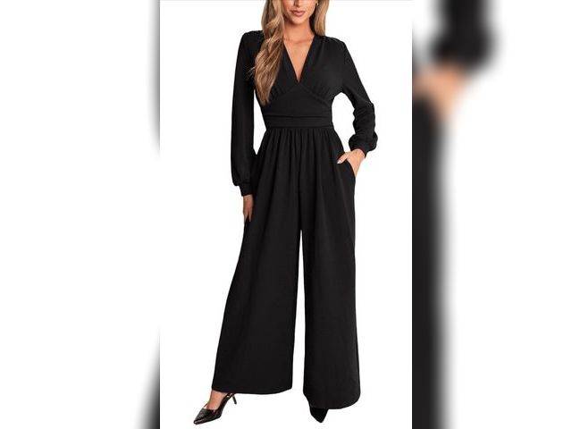 Lot 96-191803 - CUPSHE Women's Romper V Neck Plunging Long Sleeve Ruching Overalls Wide Leg Jumpsuit Outfit Casual D...