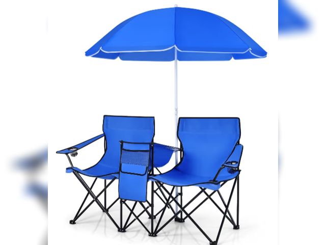 Lot 96-227574 - GLACER Outdoor Portable Foldable Beach Chair, Double Camping Folding Picnic Chairs w/Removable Umbre...
