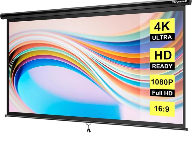 Lot 96-166332 - VIVOHOME Projector Screen Pull Down, 16:9 80 Inch Retractable Projection Screen, HD 4K Manual Pull M...