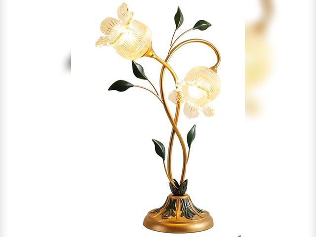 Lot 96-175146 - lukjojo Gold Glass Flower Table Lamp Vintage 2-Light Floral Side Beside Desk Lamp Green Leaf and Mil...