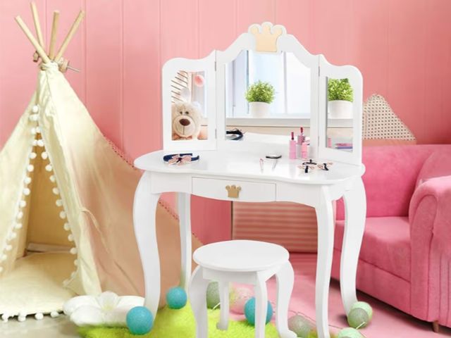 Lot 96-197644 - HONEY JOY Kids Vanity, Crown Themed Toddler Dressing Makeup Table and Chair Set w/Drawer &amp; Tri-F...