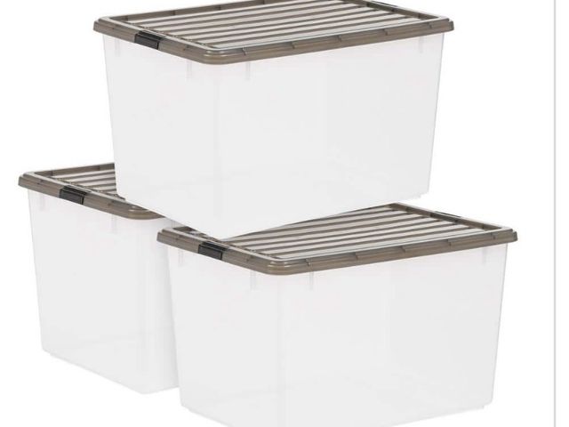Lot 96-198469 - IRIS 144 Qt./36 Gal. Plastic Storage Bin with Buckles, Clear (3-Pack) MSRP $100.78, Unused, 1 top is...