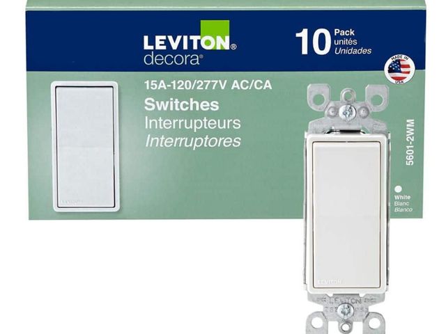 Lot 96-181977 - Leviton Decora 15 Amp Single Pole
Rocker AC Quiet Light Switch, White (10-Pack) New