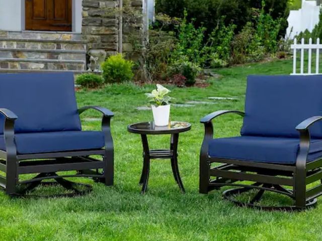 Lot 96-145516 - Halmuz3-Piece Aluminum Swivel Outdoor Rocking Chairs Patio Conversation Set with Navy Cushions and T...