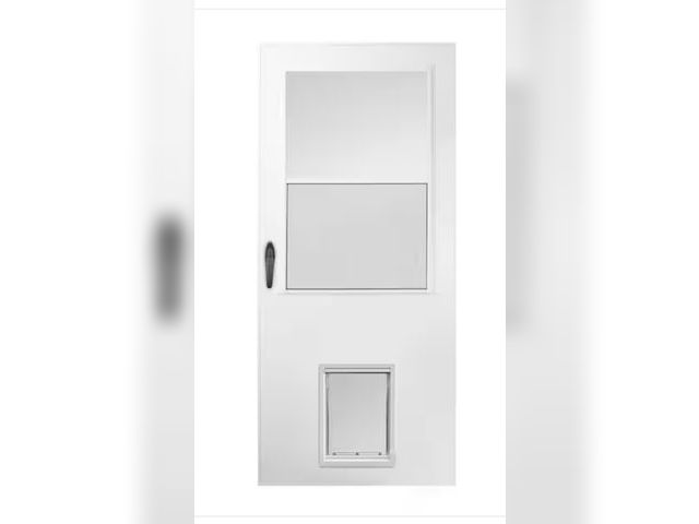 Lot 96-191624 - EMCO 36 in. x 80 in. White Universal 1/2-Light Pet Entry Vinyl Storm Door with Black Hardware MSRP $...