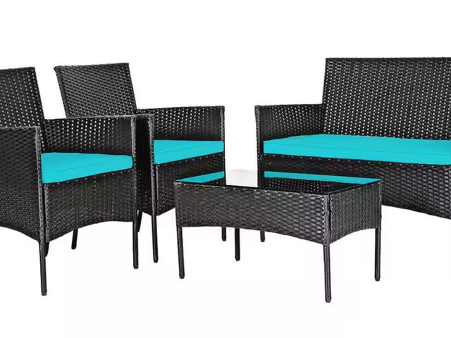 Lot 96-192585 - 4-Piece Wicker Outdoor Sectional Set with Turquoise Cushions MSRP $245.99. New