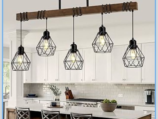 Lot 96-179948 - 5-Light Kitchen Chandeliers Over Table, Farmhouse Black Dining Room Light Fixture, Linear Rustic Woo...