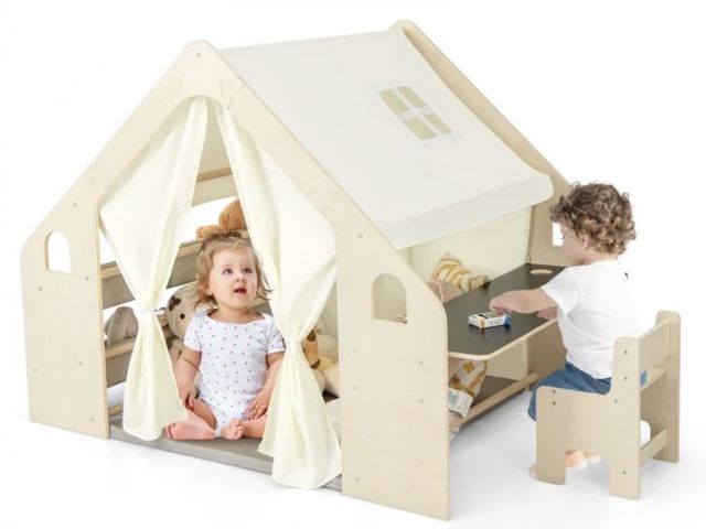 Lot 96-197999 - 6-in-1 Kids Play Tent Playhouse with Blackboard 6 Storage Bins and Floor Cushion New