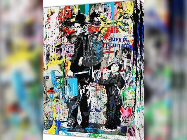 Lot 96-181142 - ARTSPRINTS Charlie Caplin and Child Art Reprint on Framed Canvas Wall Art Decoration 24’’ x 16 inch ...