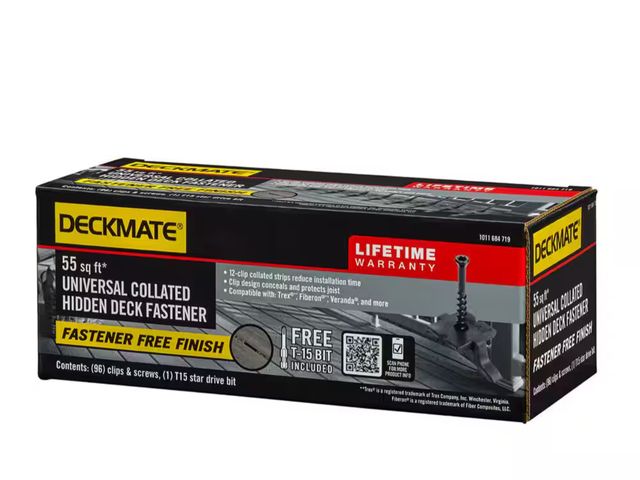 Lot 96-163275 - DECKMATE
96-Pack 55 sq ft. Black Collated Universal Hidden Deck Fasteners for Grooved Decking
Unused...