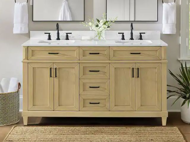 Lot 96-166030 - Home Decorators Collection Talmore 72 in. Double Sink Light Oak Bath Vanity with White Engineered Ma...