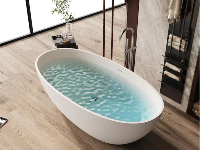Lot 96-171848 - Xspracer 
Moray 65 in. x 30 in. Solid Surface Stone Resin Flatbottom Freestanding Double Slipper Soa...