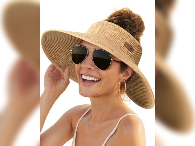 Lot 96-177647 - FURTALK Sun Hats for Women Wide Brim Beach Hat Straw Visor Ponytail Summer UV Packable Foldable Beac...
