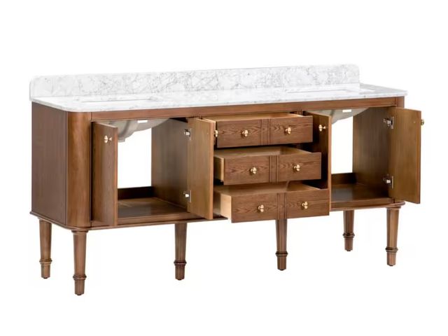 Lot 96-166625 - Home Decorators Collection
Collette 72 in. Double Sink Cinnamon Oak Bath Vanity with Carrara White M...