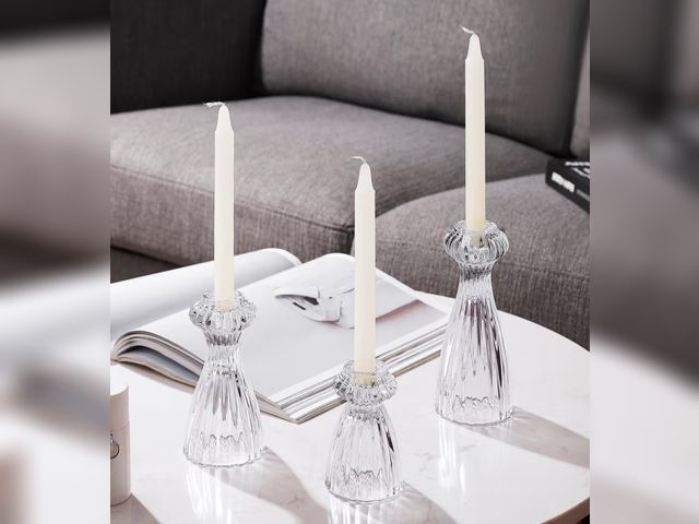 Lot 96-190961 - Lysenn Glass Candle Stick Holder Set of 3 – Premium Taper Candle Holders for Romantic Ambiance - Can...