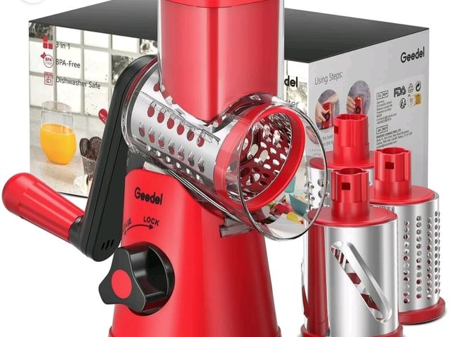 Lot 96-230811 - Geedel Rotary Cheese Grater, Kitchen Grater Vegetable Slicer with 3 Interchangeable Blades, Powerful...