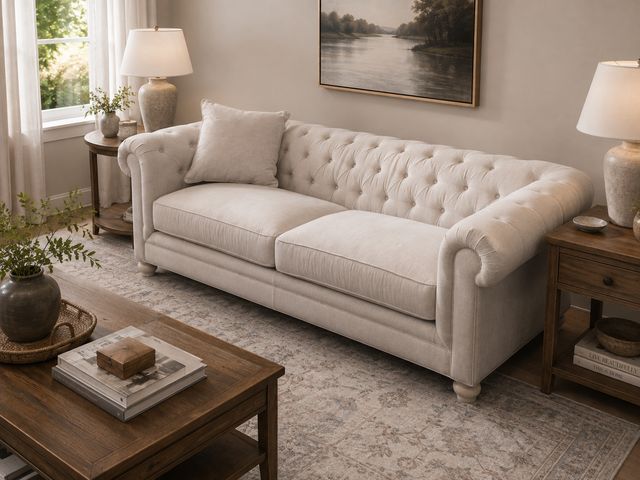 Lot 99-629 - Martha Stewart Collection Tufted Sofa – Buckwheat Beige Elegant Martha Stewart Collection sofa in a ...