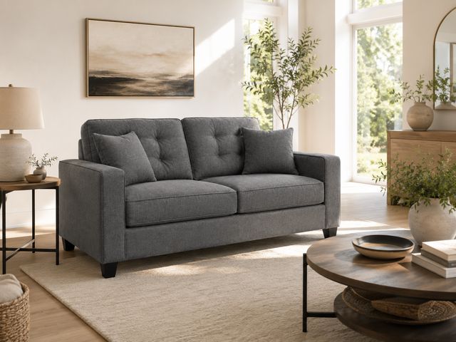 Lot 99-10008 - New Macy’s Clarke II 62" Fabric Loveseat – Thrillist Graphite Gray Fabric Electric Powered Macy’s Cl...