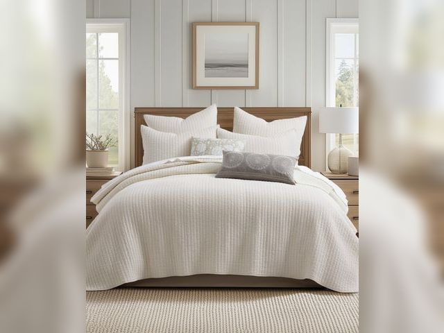 Lot 99-100076 - New Levtex Home - Loden Quilt Set - Full/Queen Quilt and Two Standard Shams - Textured Waffle - Crea...