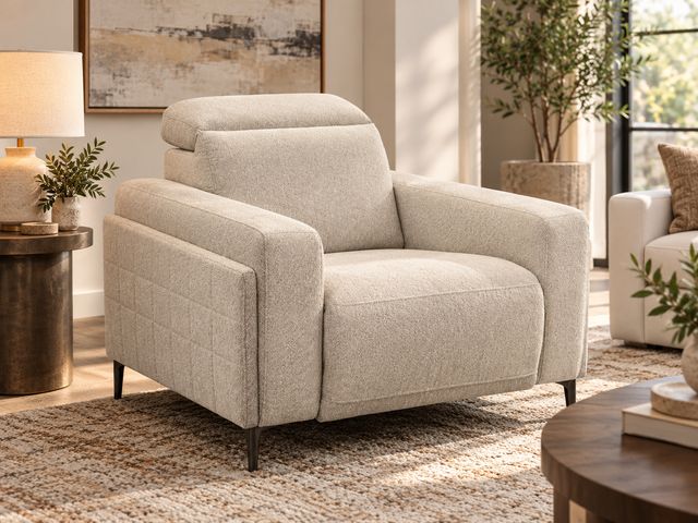 Lot 99-511 - Macy’s Nevio 39" Fabric Power Recliner Chair with Power Headrest – Beige Contemporary Macy’s Nevio 3...
