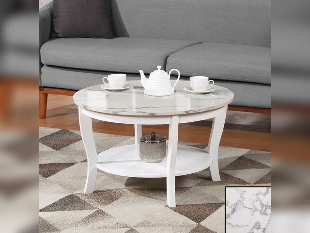 Lot 99-095285436194 - New Convenience Concepts American Heritage Round Coffee Table with Shelf in White Wood and Faux Marb...