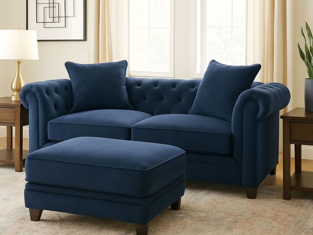 Lot 99-1076 - New Kallison Fabric Loveseat Fabric Love Seat 2 Kallison Chesterfield Blue Fabric Loveseat with matc...