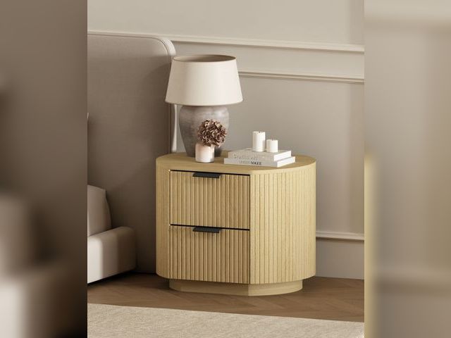 Lot 99-810165551756 - New Manhattan Comfort Olivia 26.5" 2-Drawer Nightstand - Natural Oak, Black This nightstand's textur...