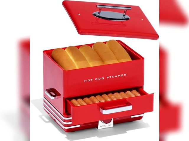 Lot 99-1032 - New Nostalgia Retro Hot Dog Steamer, Large Hot Dog Cooker with Bun Warming Tray NHDS206RD Hot Dog St...