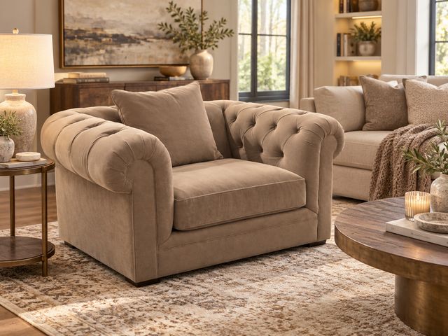 Lot 99-512 - Martha Stewart Collection Saybridge 52" Chesterfield Fabric Armchair – Macy’s Classic Martha Stewart...
