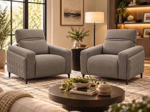 Lot 99-600 - Pair of Macy’s Nevio 39" Fabric Power Recliner Chairs with Power Headrests – Gray