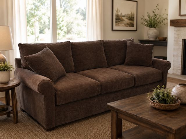 Lot 99-1079 - Macy’s Wedport Fabric Roll Arm Sofa – Napa Brown
