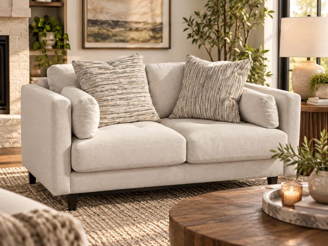 Lot 99-509 - Macy’s Bauhaus 672K 2-Seat Fabric Loveseat with Feather Accent Pillows – Cream Contemporary 2-seat l...