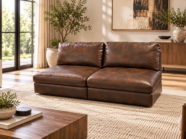 Lot 99-510 - Macy’s Premium Leather Armless Loveseat / Modular Sofa Section – Rich Brown Description: High-end Ma...