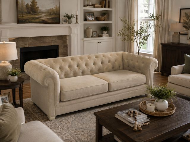 Lot 99-10003 - Martha Stewart for Macy’s Tufted Chesterfield Fabric Sofa – Rolled Arms | Cream / Beige Elegant Mart...