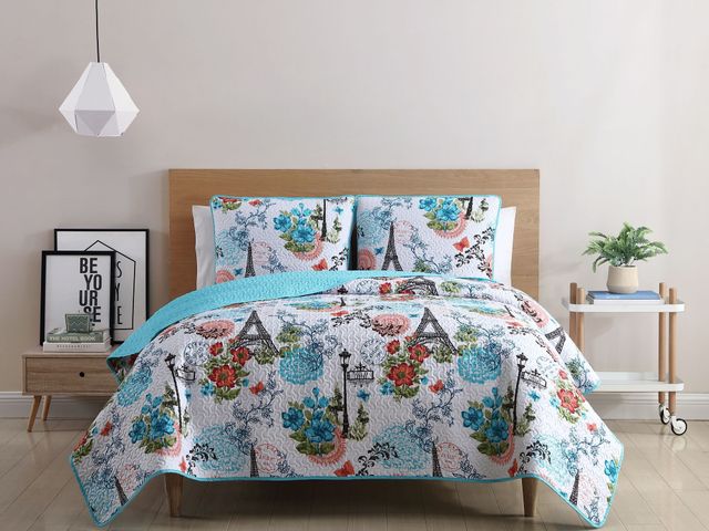 Lot 99-100030 - New VCNY Home Eiffel Pinsonic Quilt Set, Blue Bring charm to your bedroom with the Eiffel Tower reve...