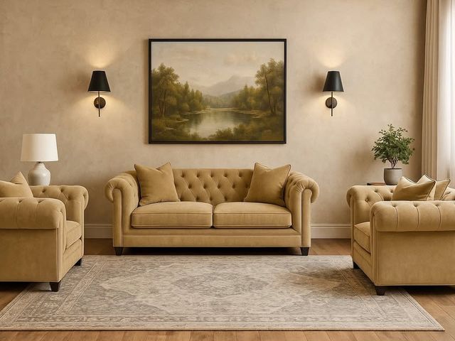 Lot 99-11 - New Set of 3 Kallison Chesterfield Fabric Roll Arm Loveseat and Chairs)!! 1 Love seat and 2 chairs. ...