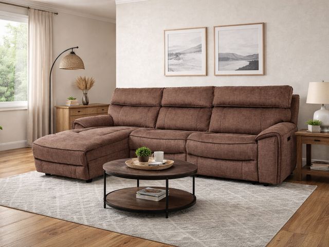 Lot 99-10003 - New Hutchenson 3-Pc. Fabric Chaise Sectional with 2 Power Recliners and Power Headrests Fabric Recli...